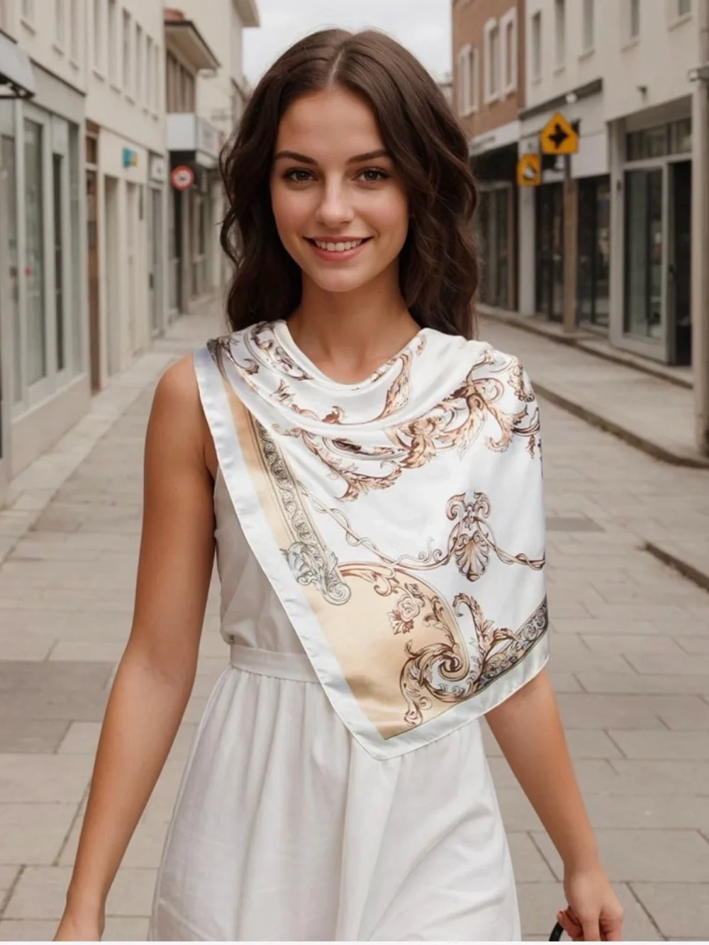 Silk-Feel Cream & Gold Patterned Head Scarf